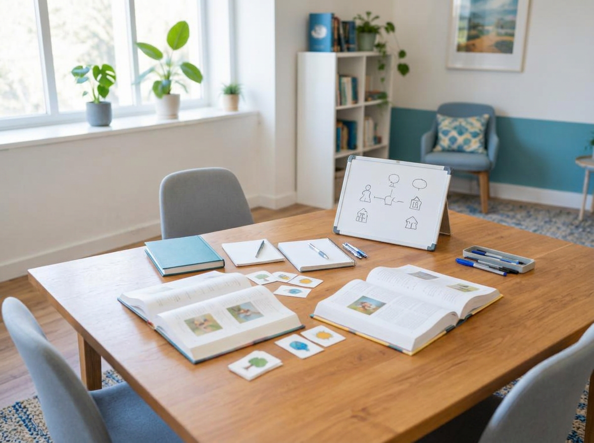 A tutoring room set for a small English lesson, with textbooks and a whiteboard on the table