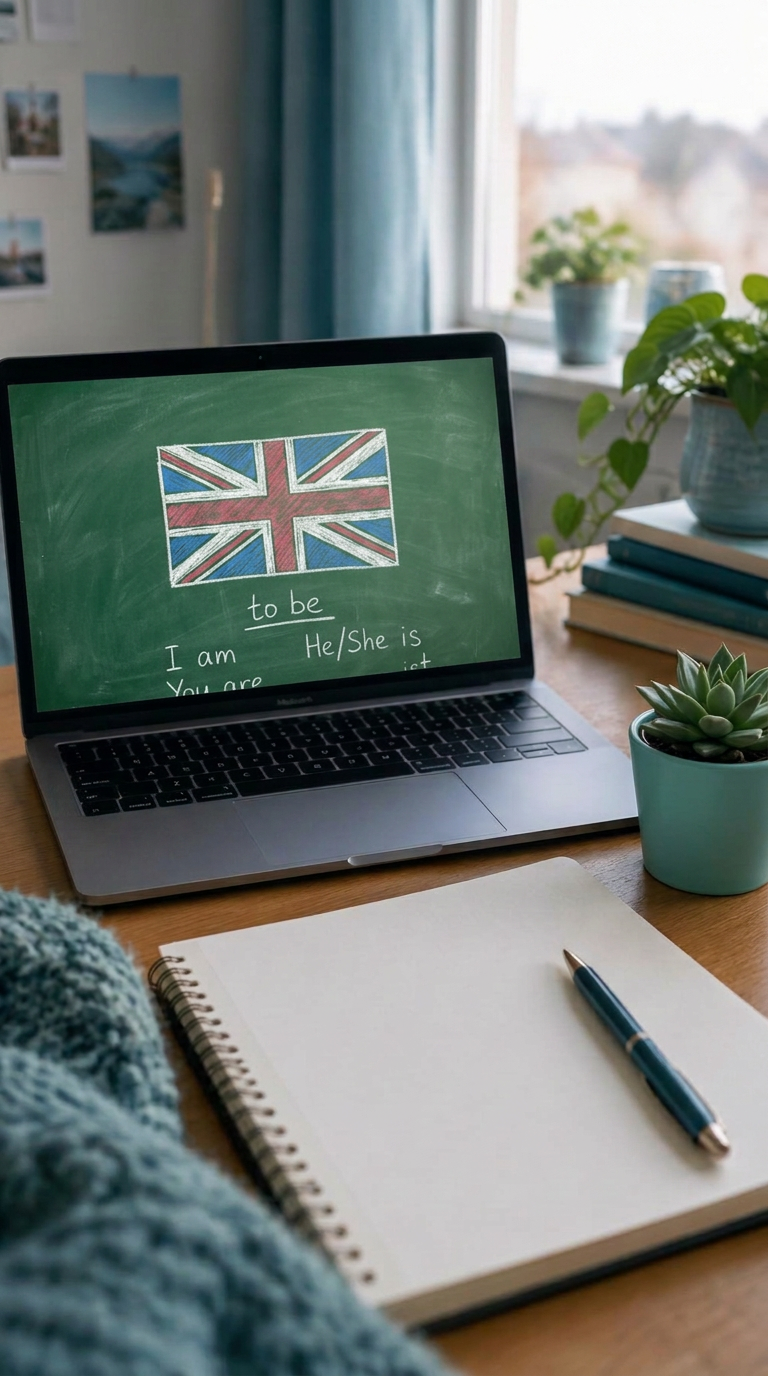 An online English lesson setup: laptop with a digital whiteboard, notebook and pen on a desk