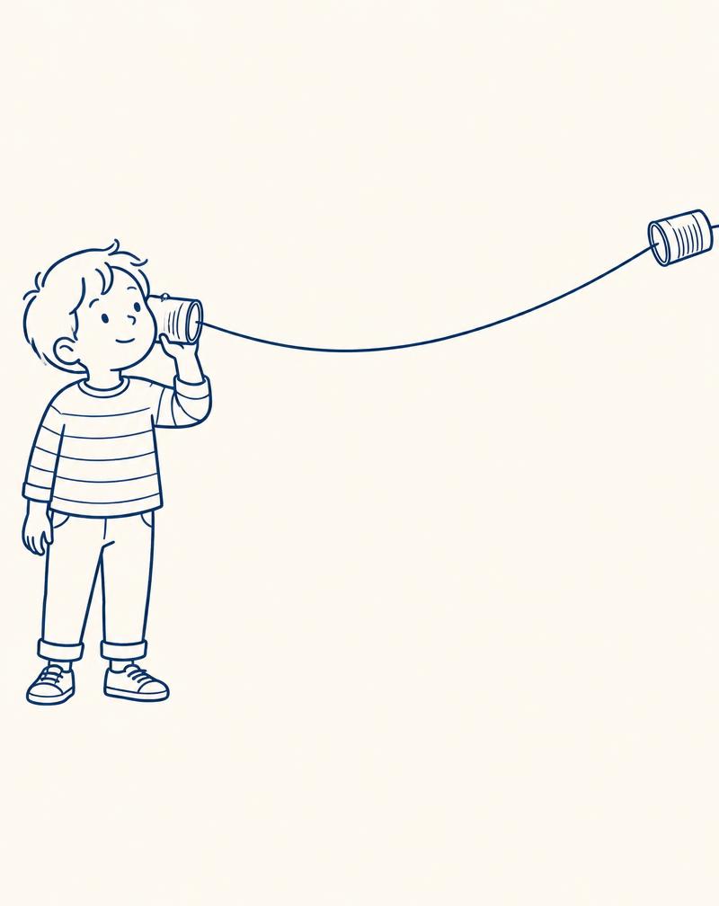 A line drawing of a child listening to a tin can telephone